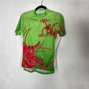 Primal‎ Cycling Jersey Large Green Red Floral Short Sleeve Bike Top Athletic